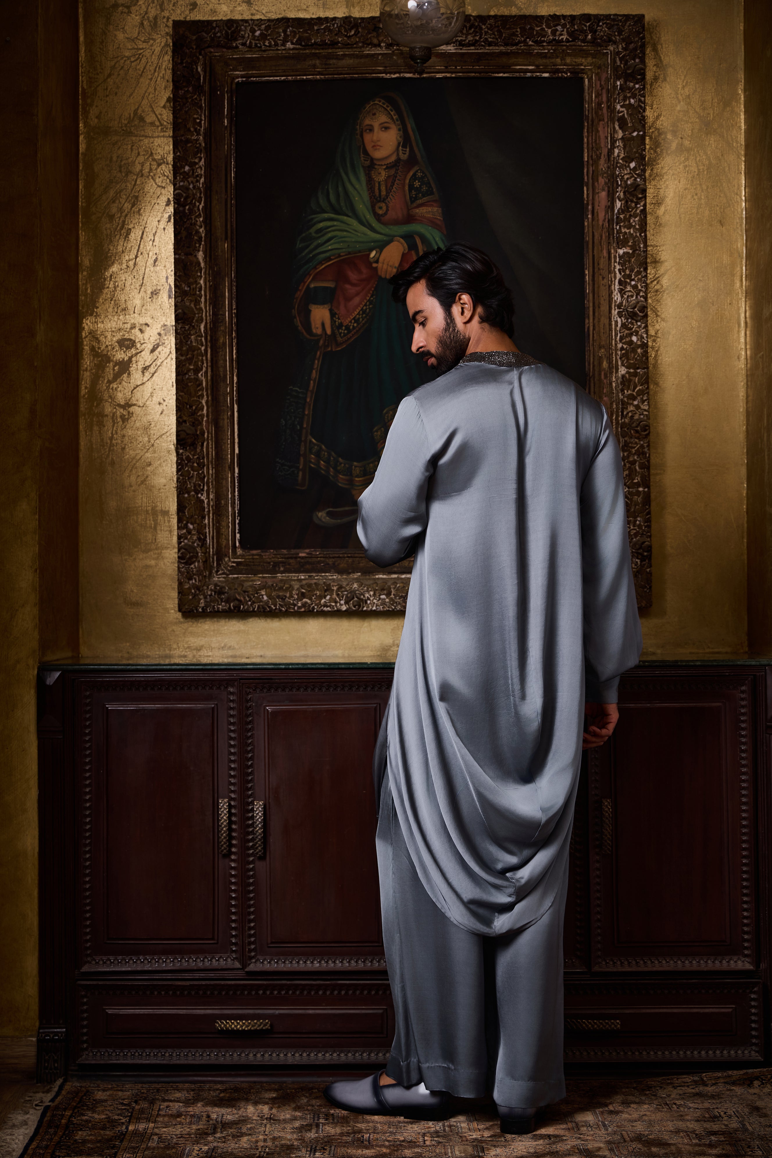 Grey Draped Kurta Farshi Pajama Set