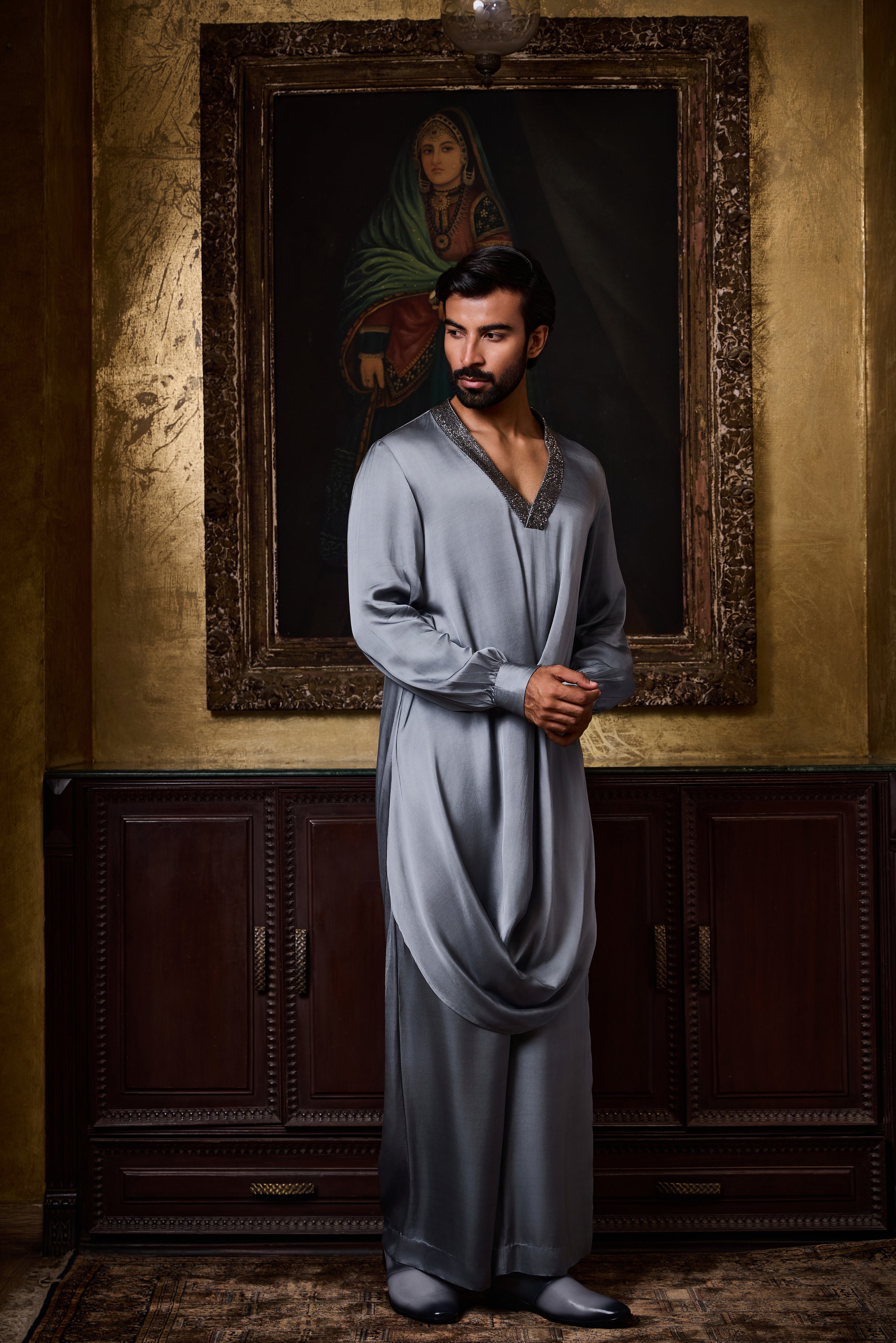 Grey Draped Kurta Farshi Pajama Set