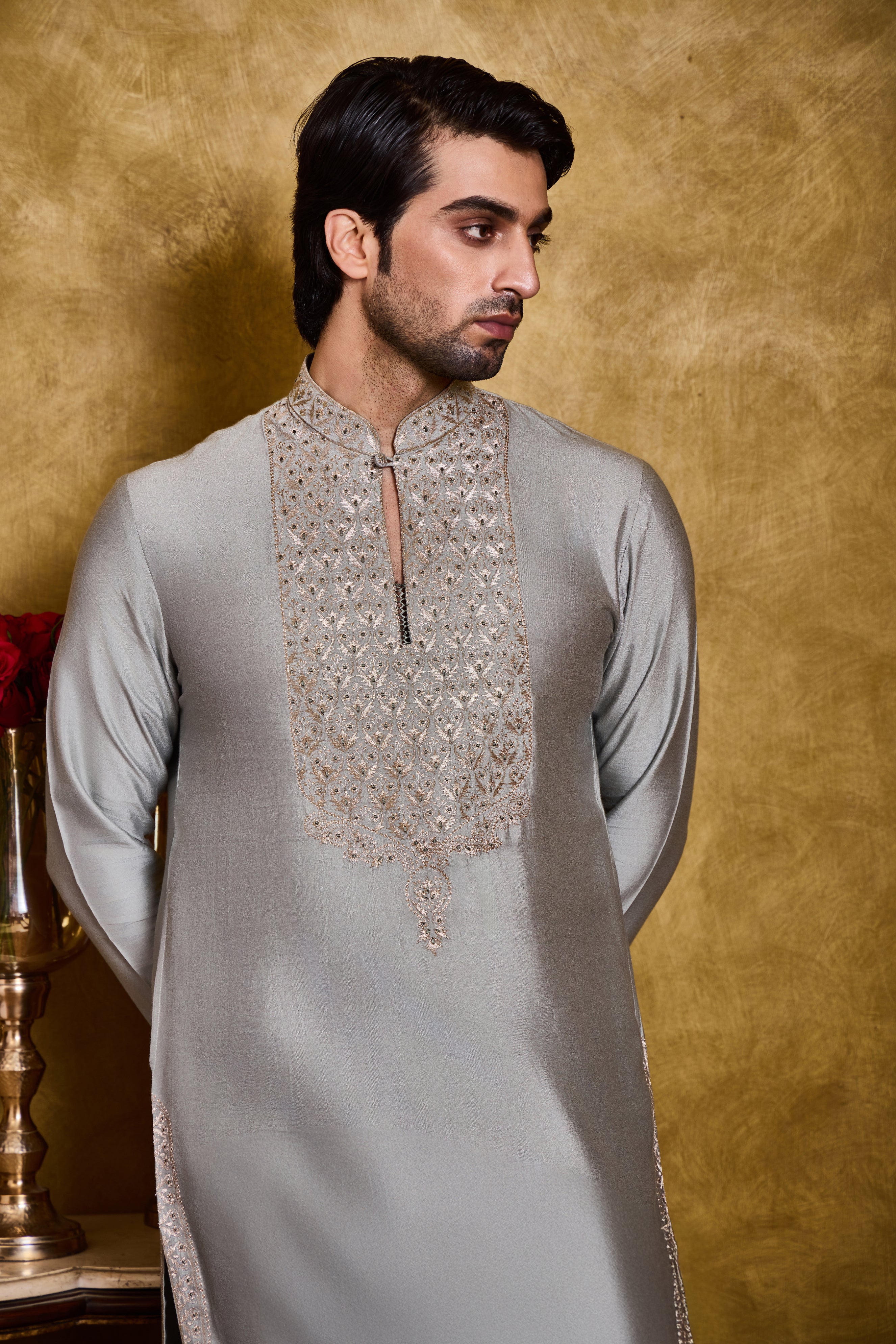 Grey Green Cotton Silk Kurta Churidar Set