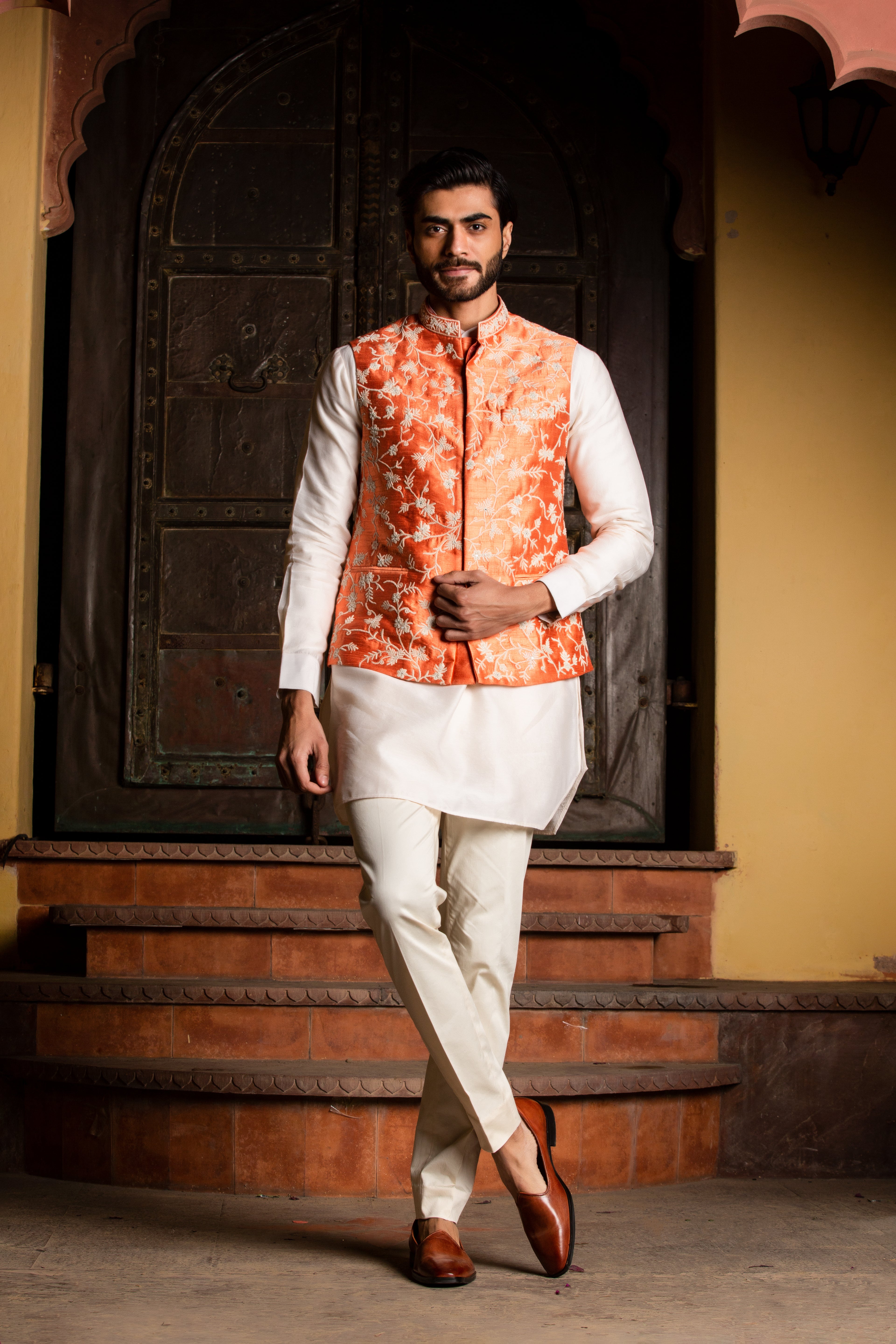 Orange Raw Silk Embroidered  Nehru Jacket with Kurta & Pant
