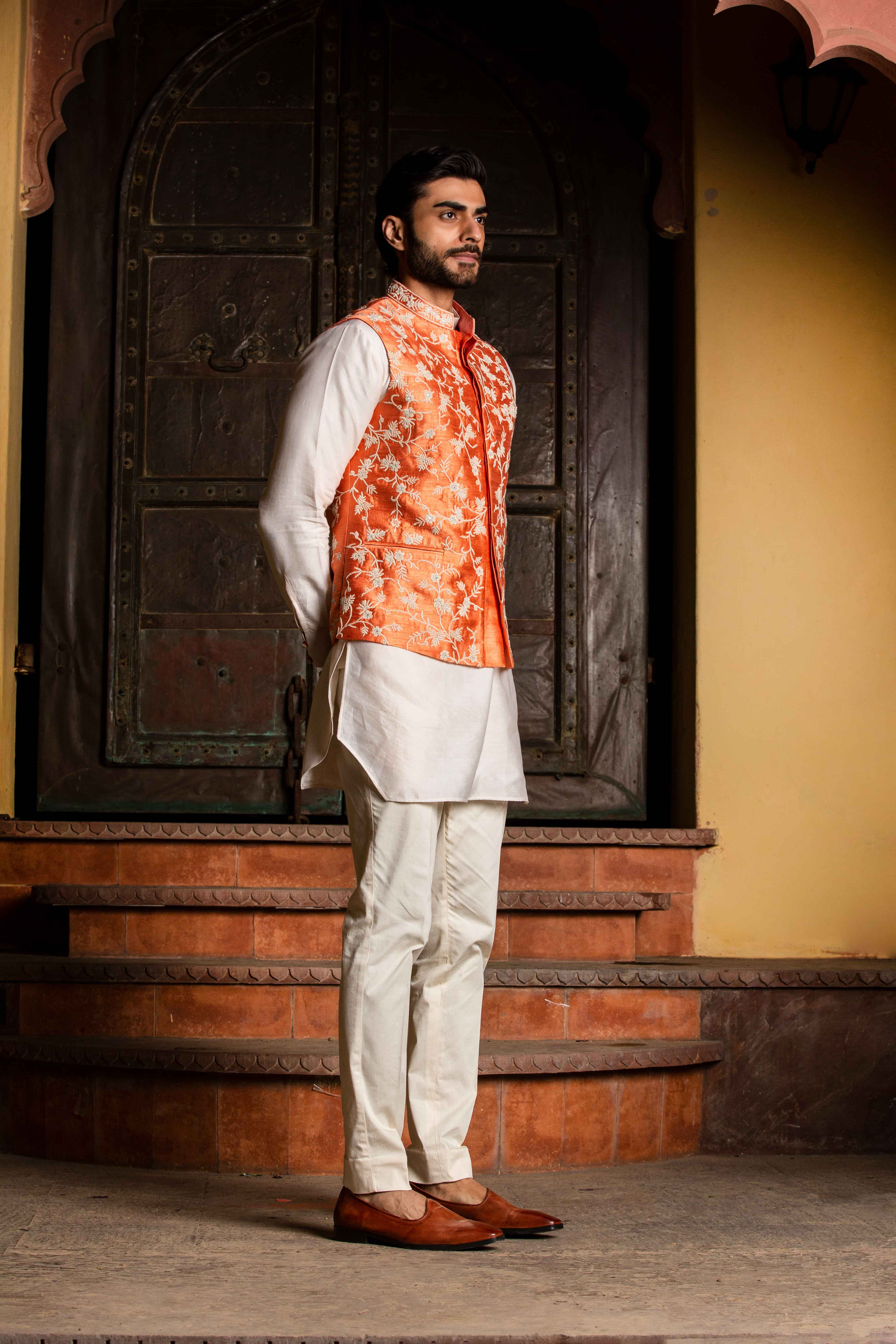 Orange Raw Silk Embroidered  Nehru Jacket with Kurta & Pant