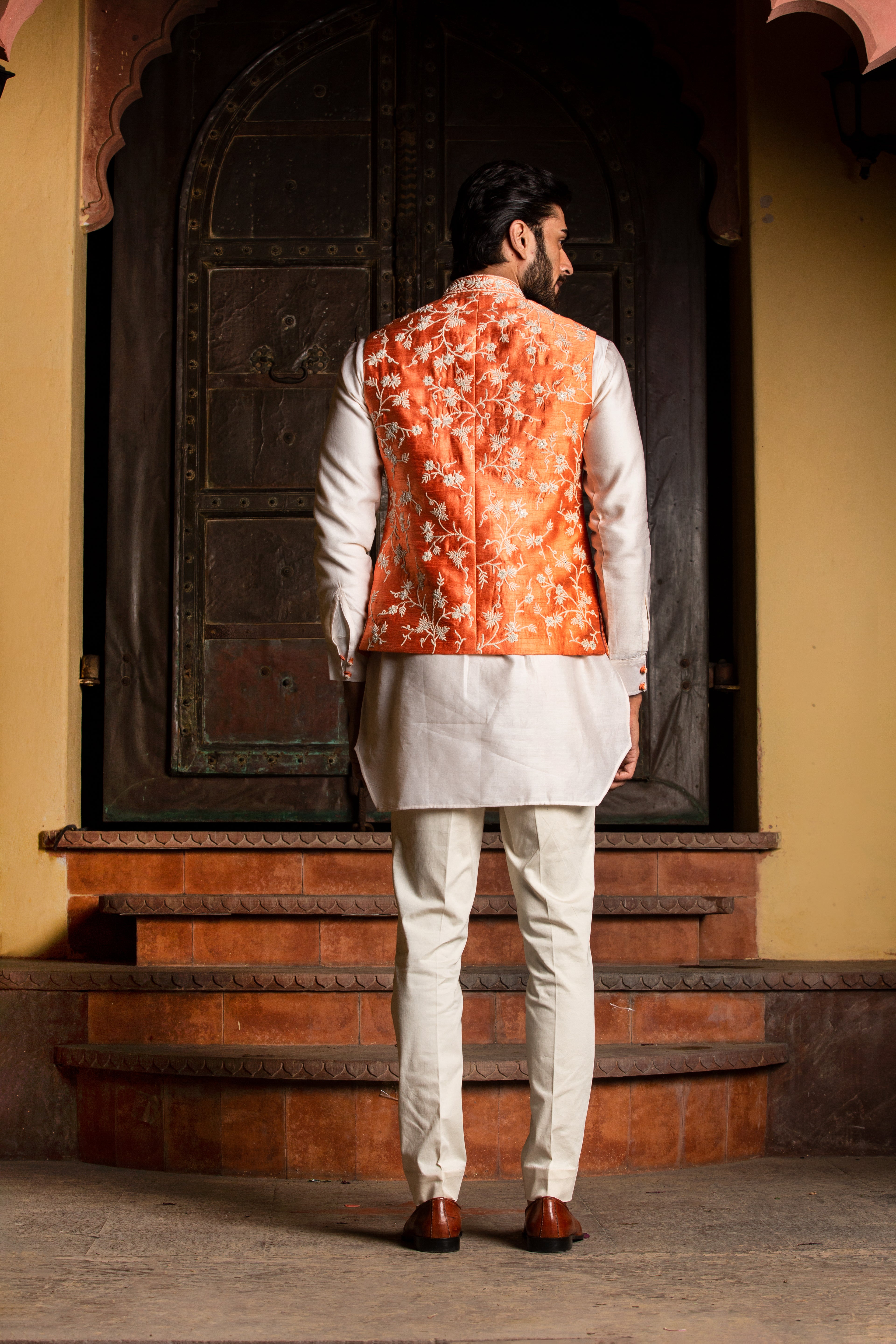 Orange Raw Silk Embroidered  Nehru Jacket with Kurta & Pant