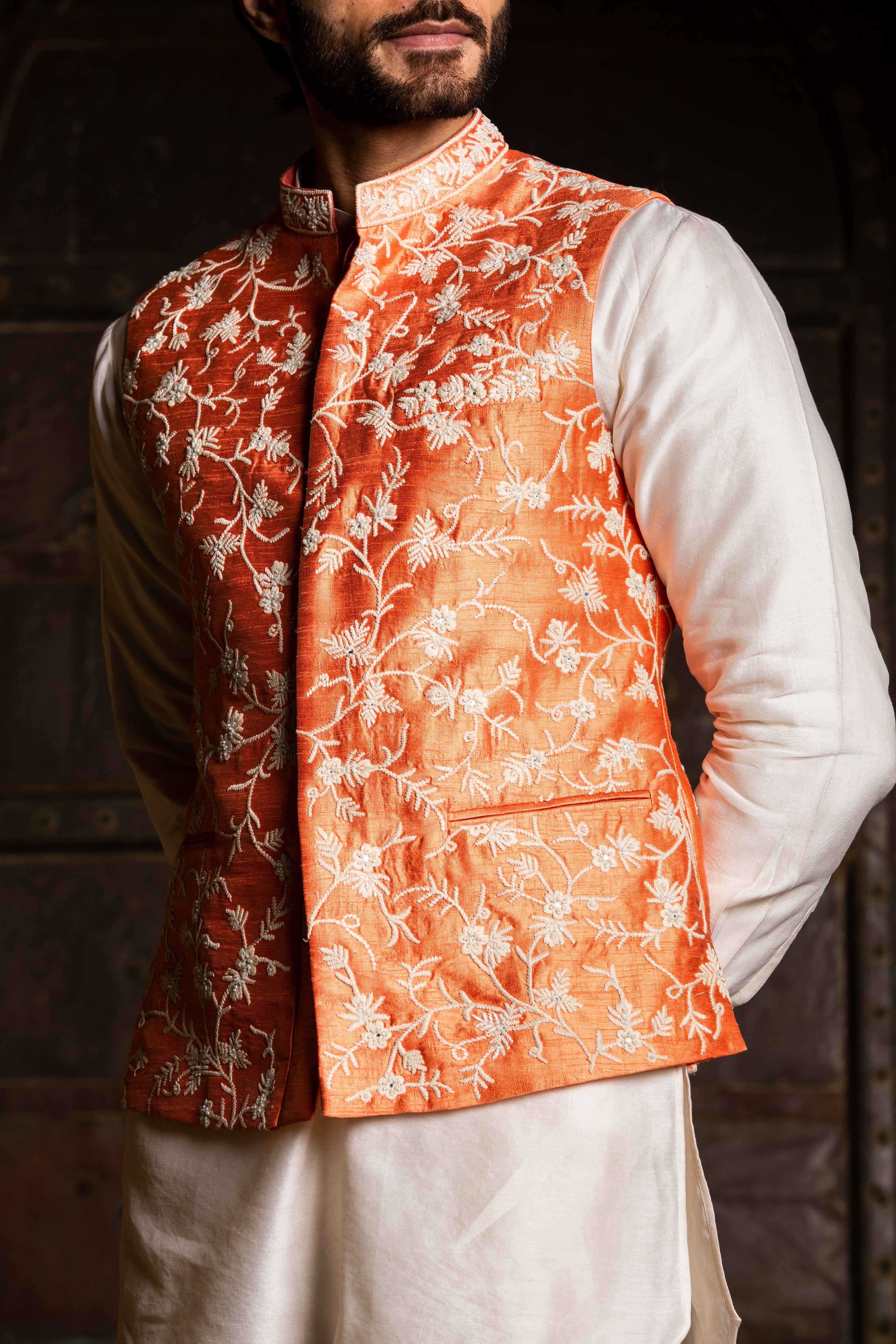 Orange Raw Silk Embroidered  Nehru Jacket with Kurta & Pant