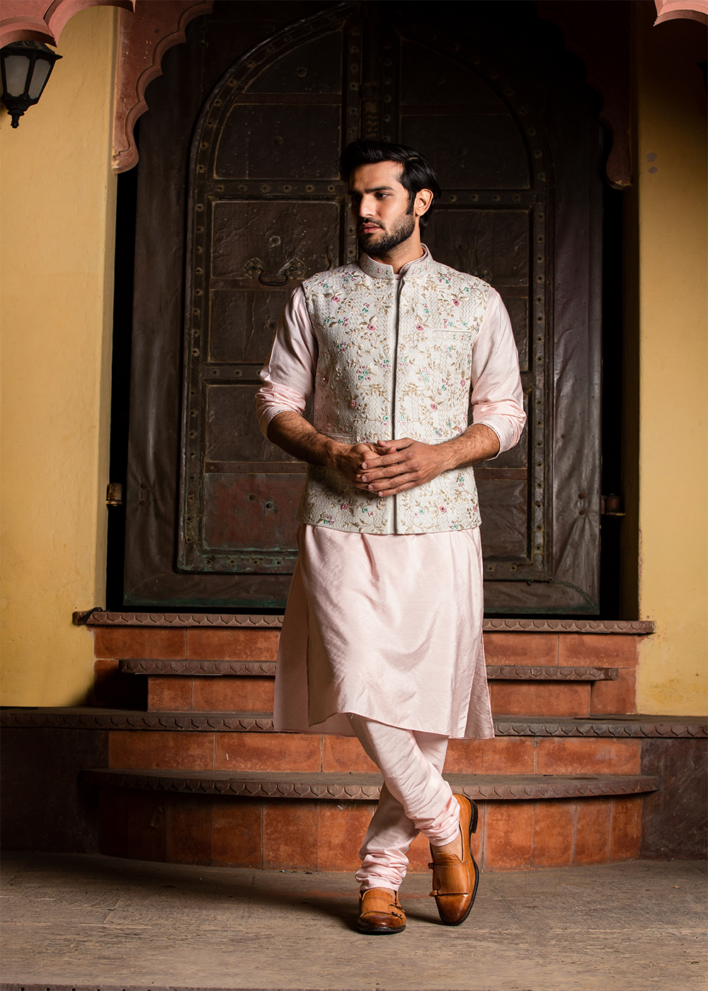 Cream Matka Embroidered Jacket  with Blush Pink Kurta & Churidar