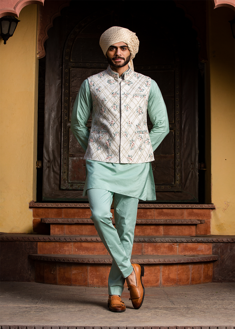 Cream Matka Embroidered Jacket  with Mint Green Kurta & Pants