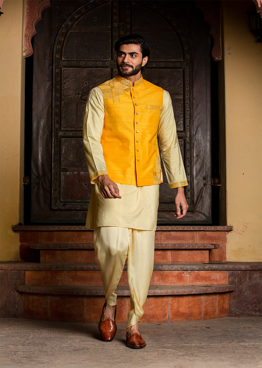 Lemon Kurta Dhoti Set with Yellow Raw Silk Embroidered Jacket