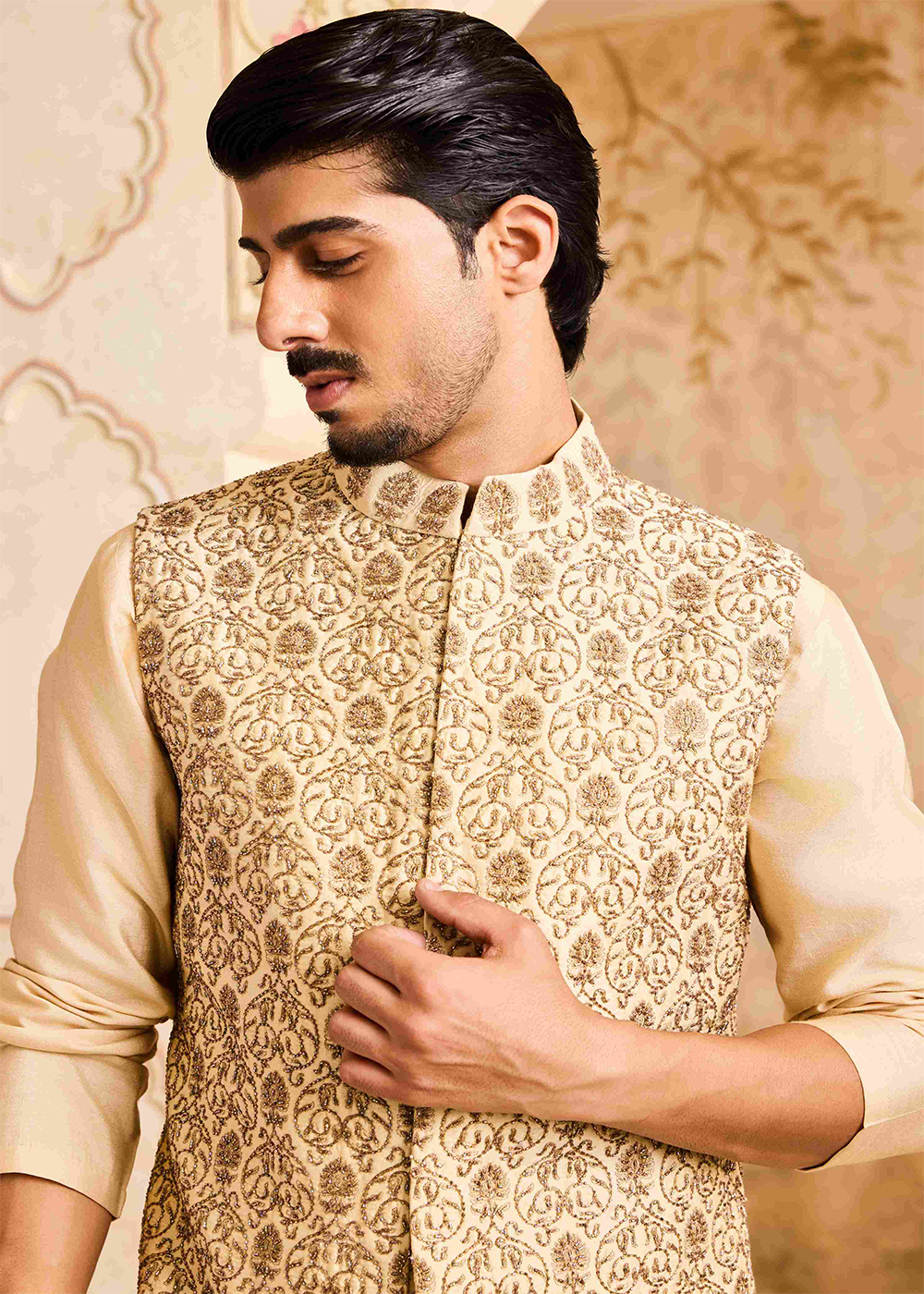 Beige Bundi Jacket Kurta Churidar