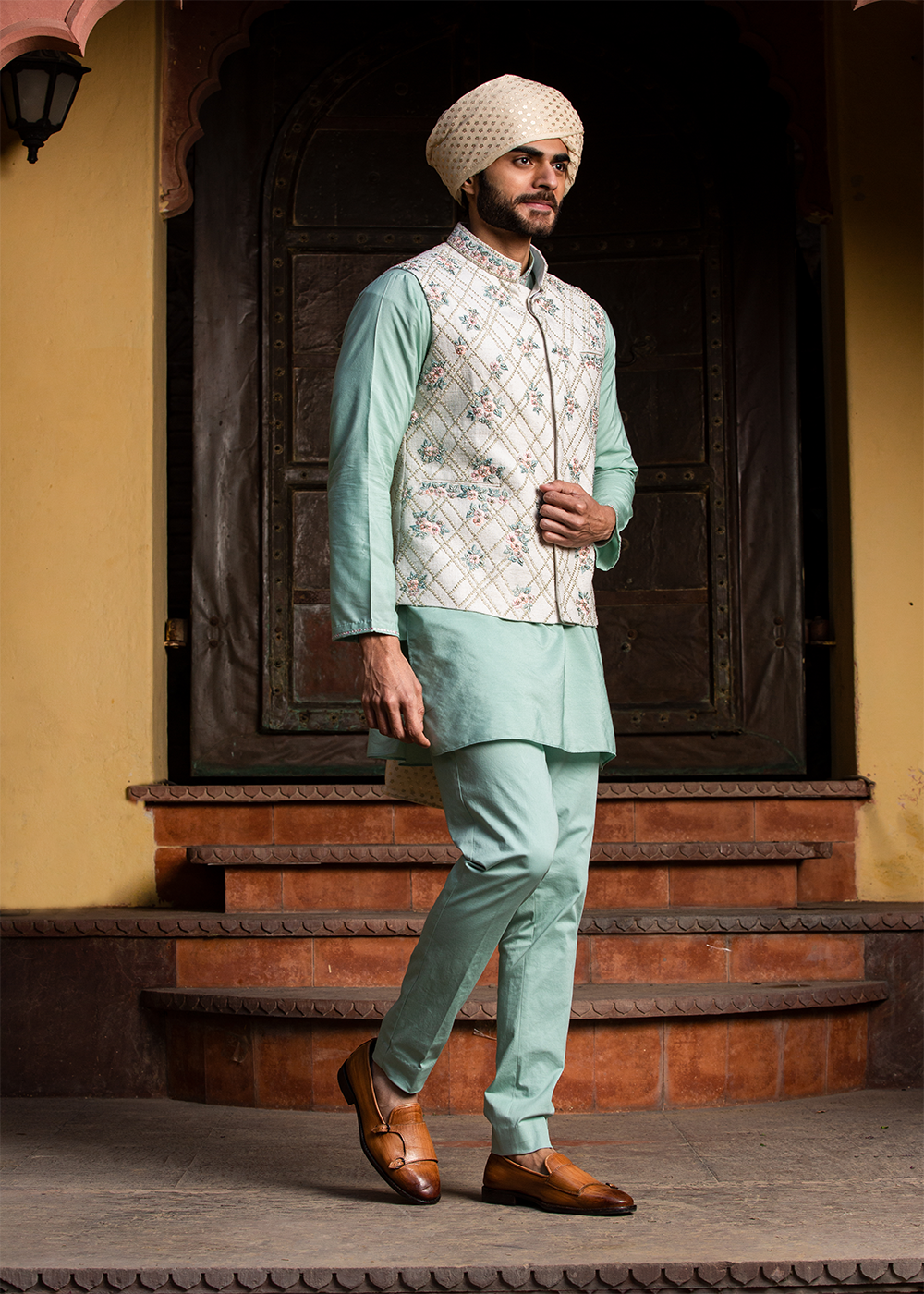 Cream Matka Embroidered Jacket  with Mint Green Kurta & Pants
