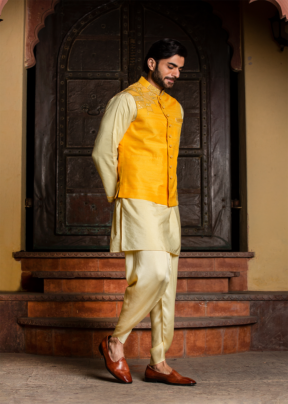 Lemon Kurta Dhoti Set with Yellow Raw Silk Embroidered Jacket
