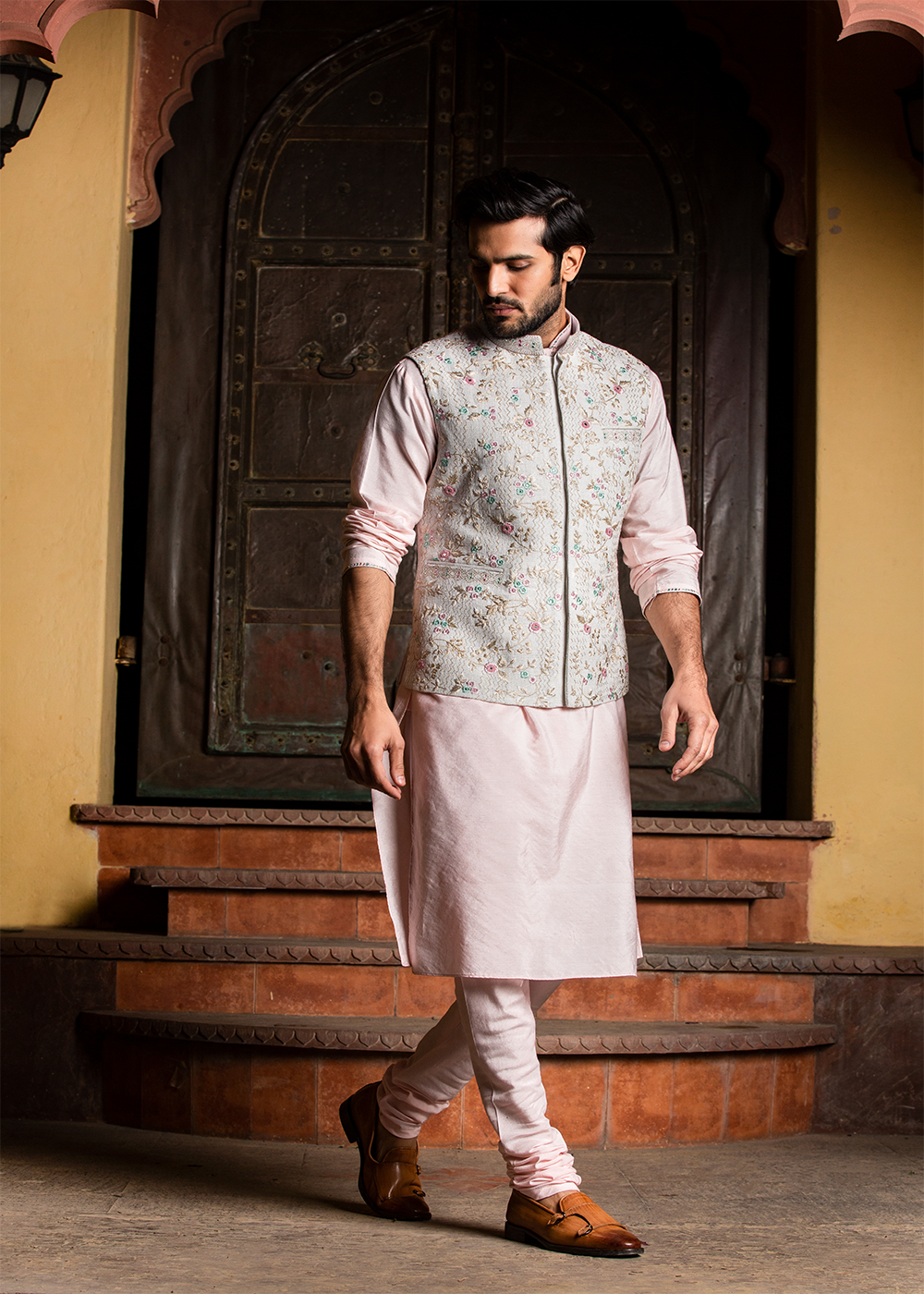 Cream Matka Embroidered Jacket  with Blush Pink Kurta & Churidar
