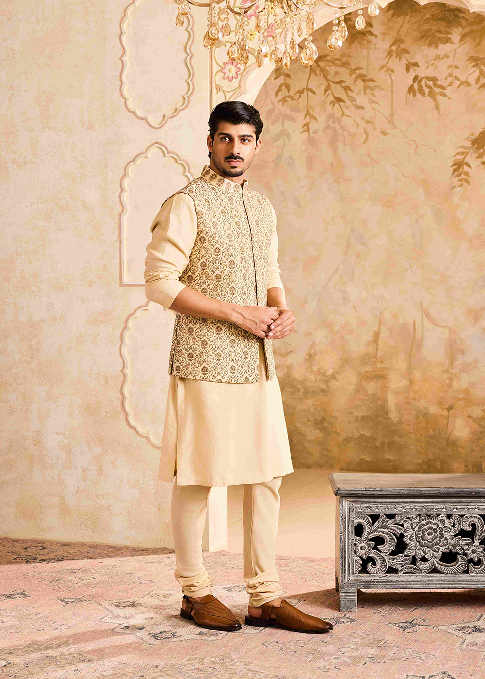 Beige Bundi Jacket Kurta Churidar