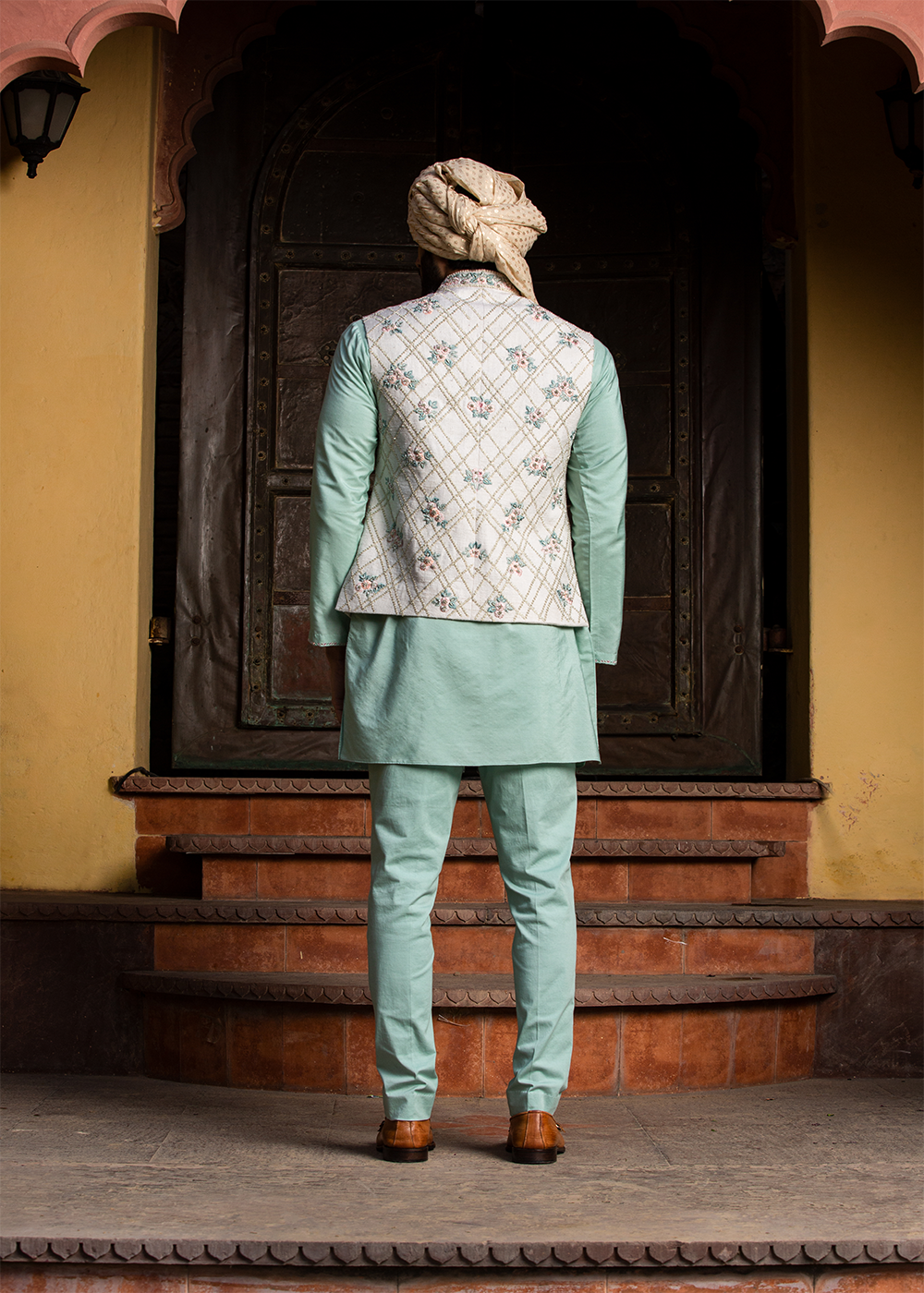 Cream Matka Embroidered Jacket  with Mint Green Kurta & Pants
