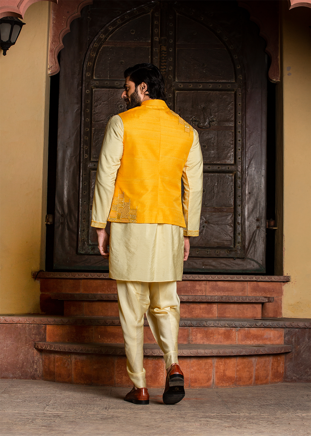 Lemon Kurta Dhoti Set with Yellow Raw Silk Embroidered Jacket