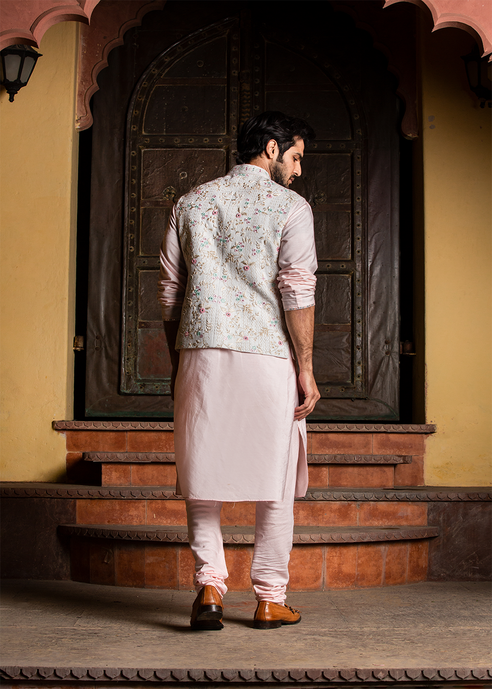 Cream Matka Embroidered Jacket  with Blush Pink Kurta & Churidar