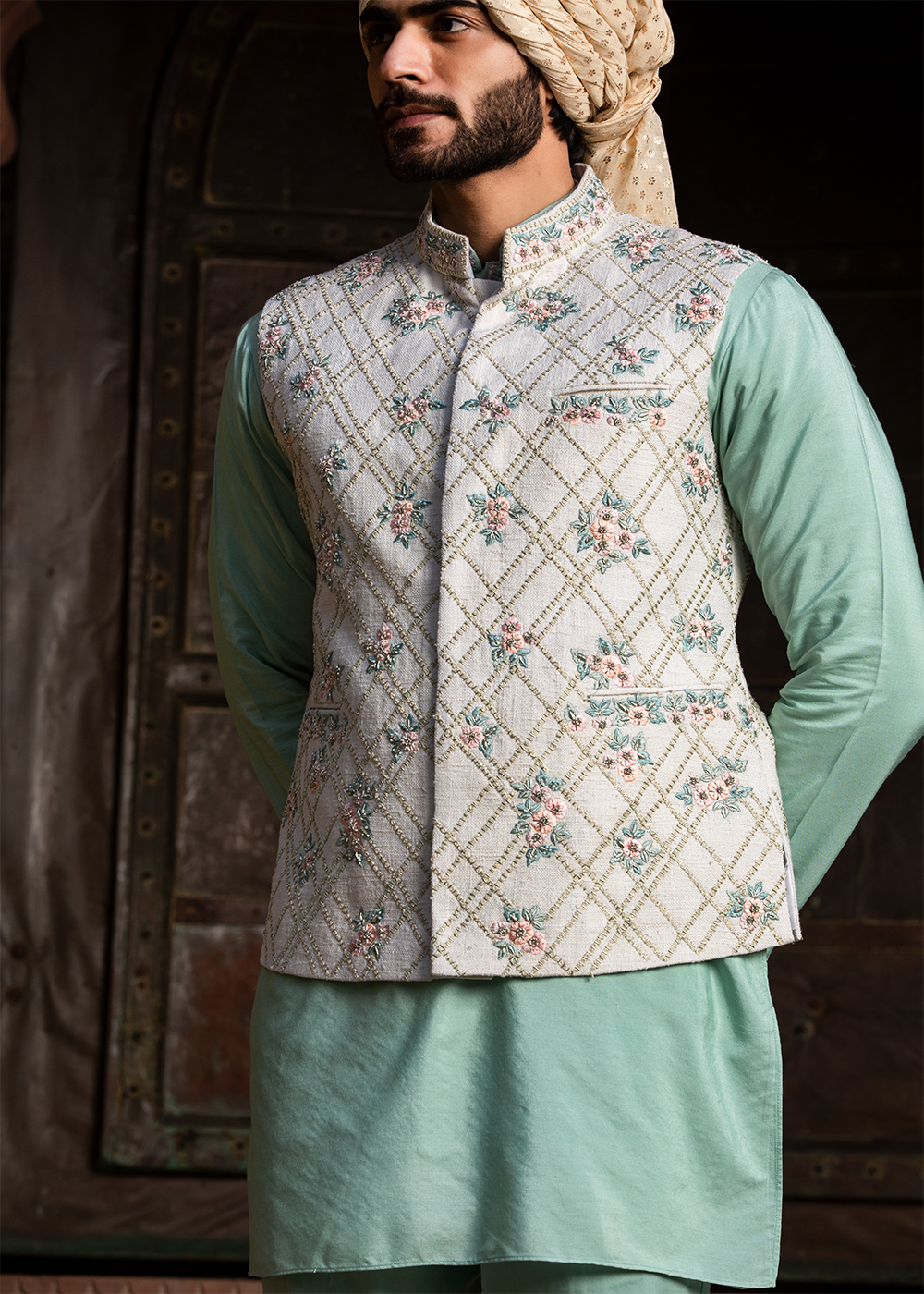 Cream Matka Embroidered Jacket  with Mint Green Kurta & Pants