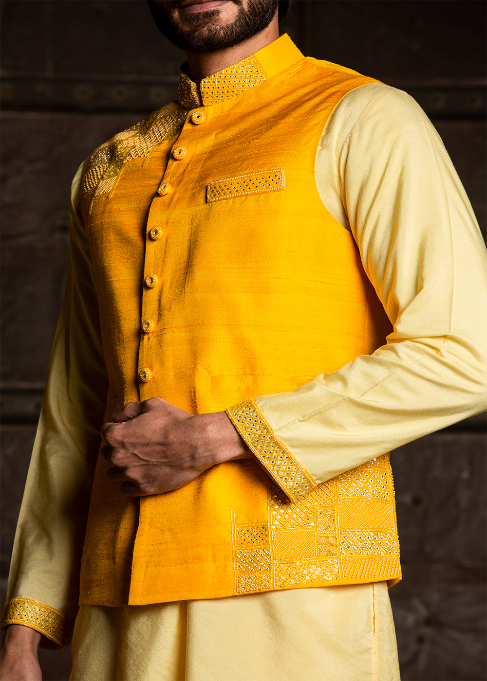 Lemon Kurta Dhoti Set with Yellow Raw Silk Embroidered Jacket