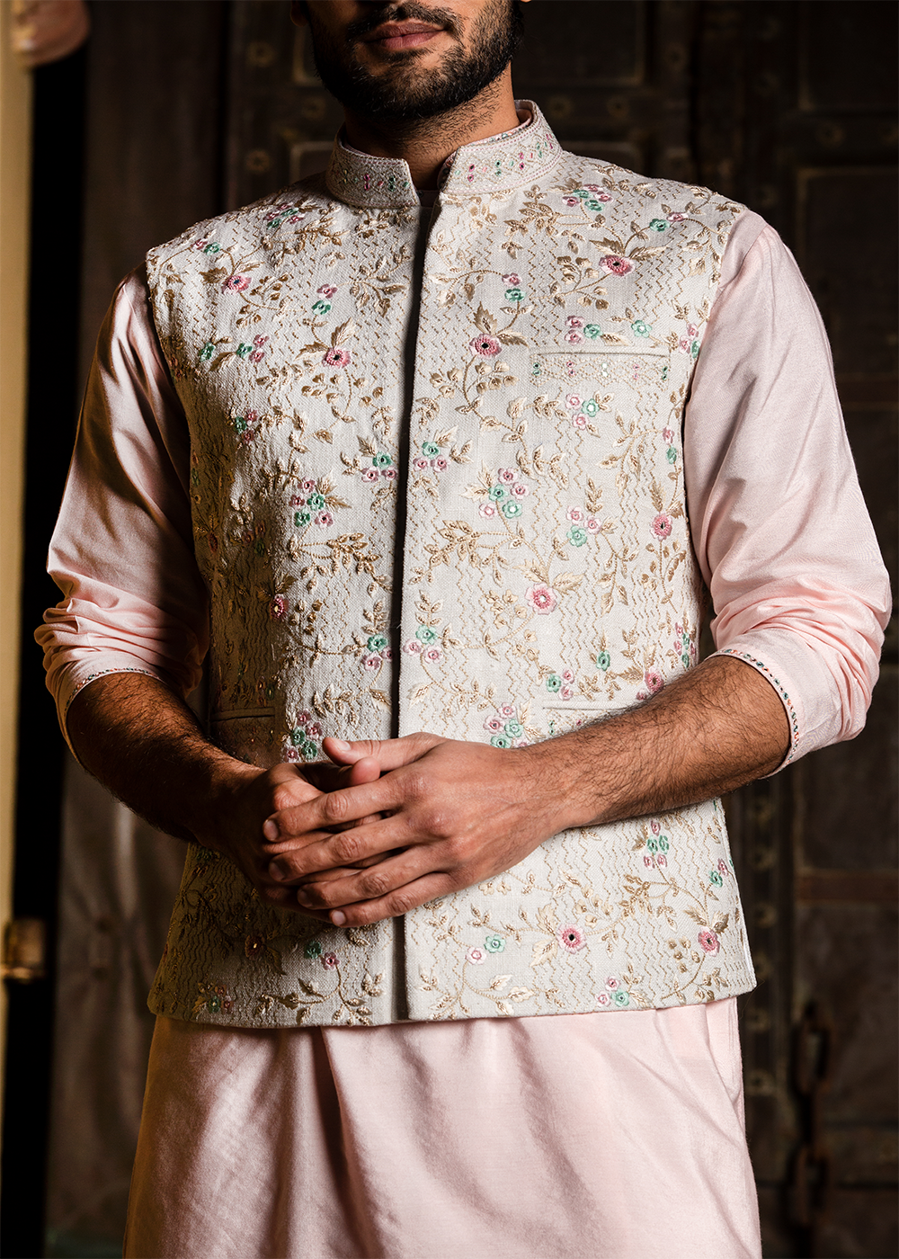 Cream Matka Embroidered Jacket  with Blush Pink Kurta & Churidar
