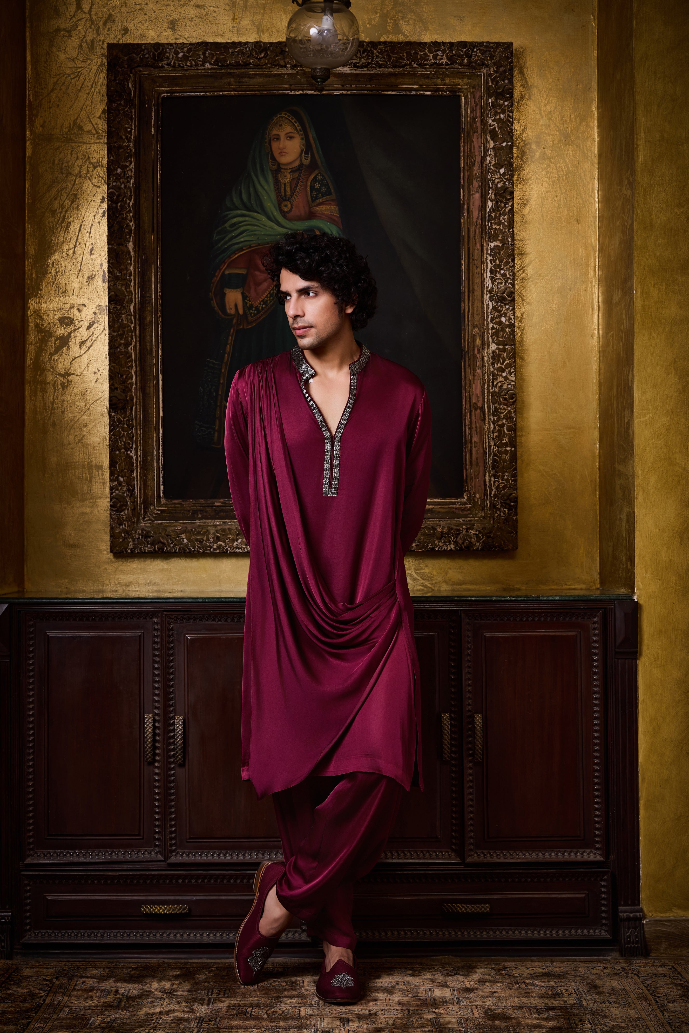 Burgundy Draped  Satin Kurta Cowled Salwar Set