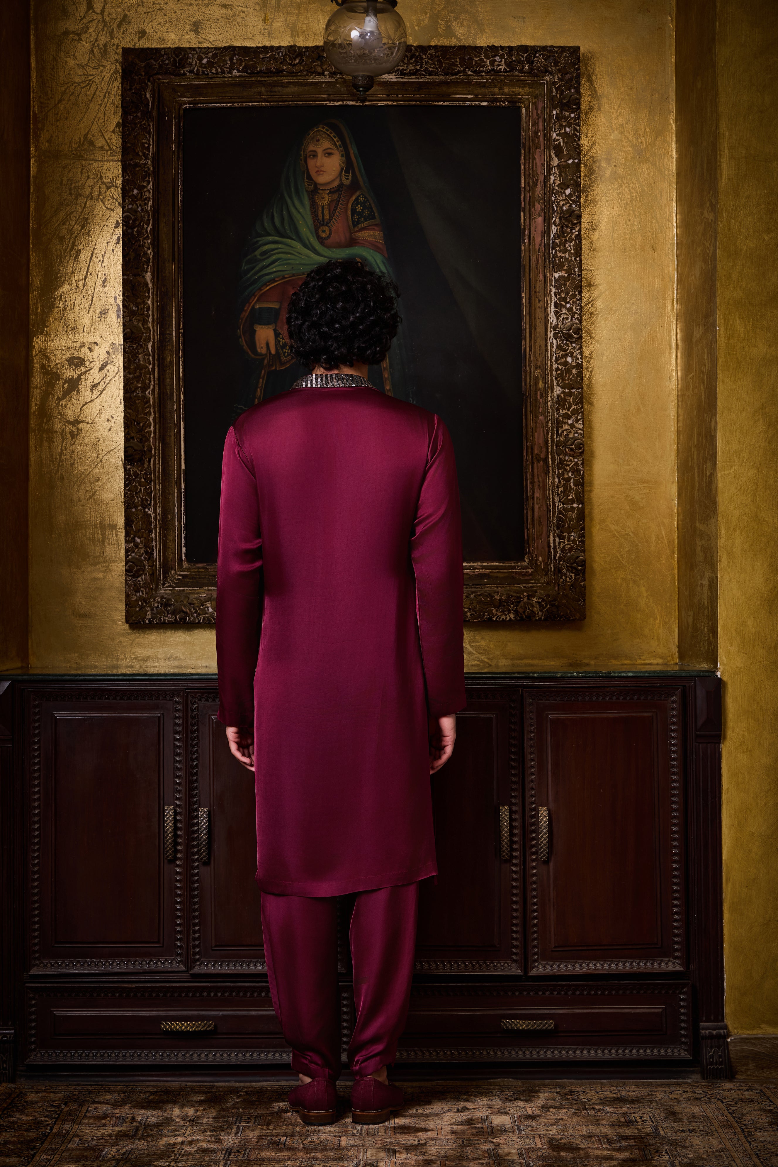 Burgundy Draped  Satin Kurta Cowled Salwar Set