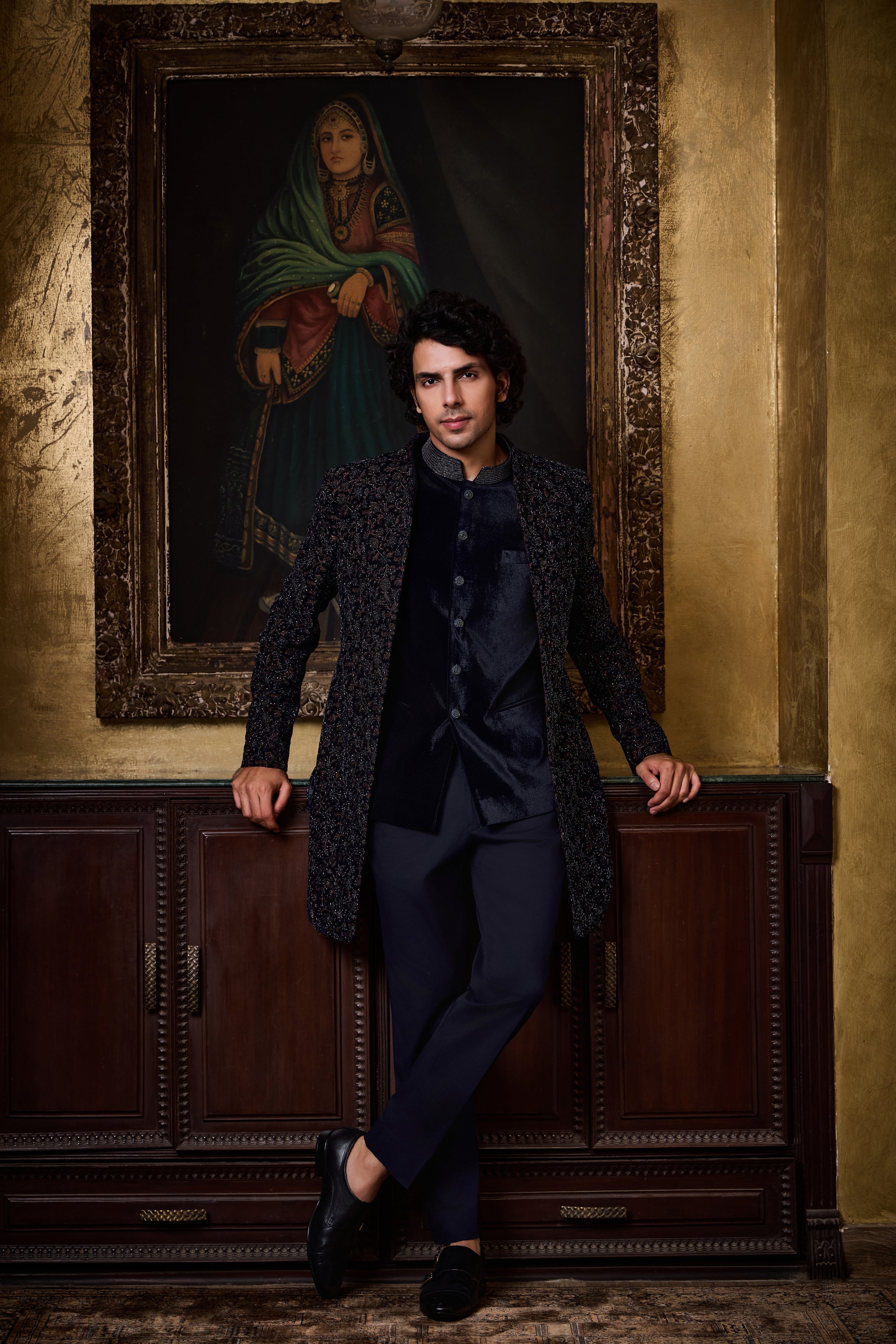 Blue Velvet Open Jacket With Vest Set