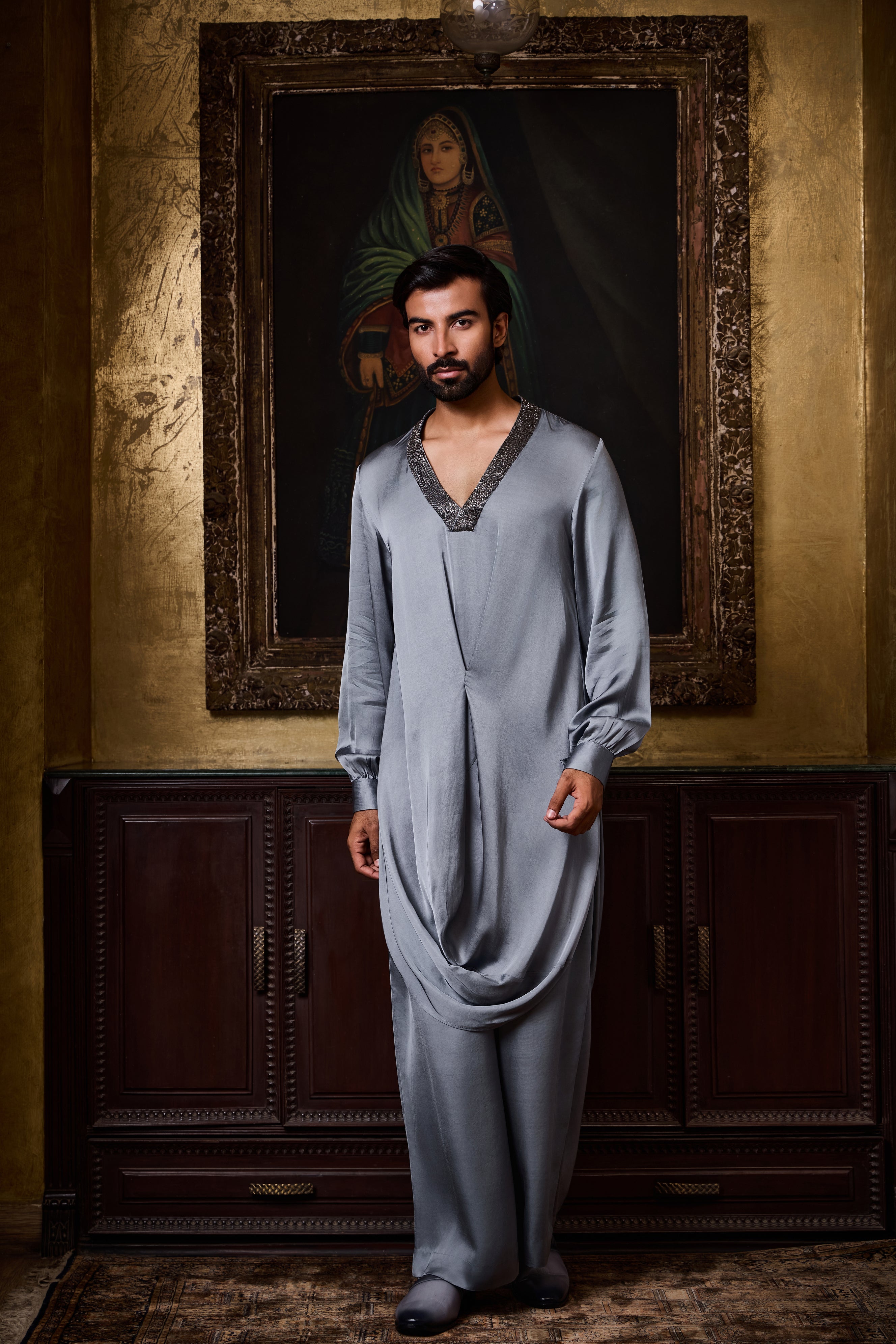 Grey Draped Kurta Farshi Pajama Set