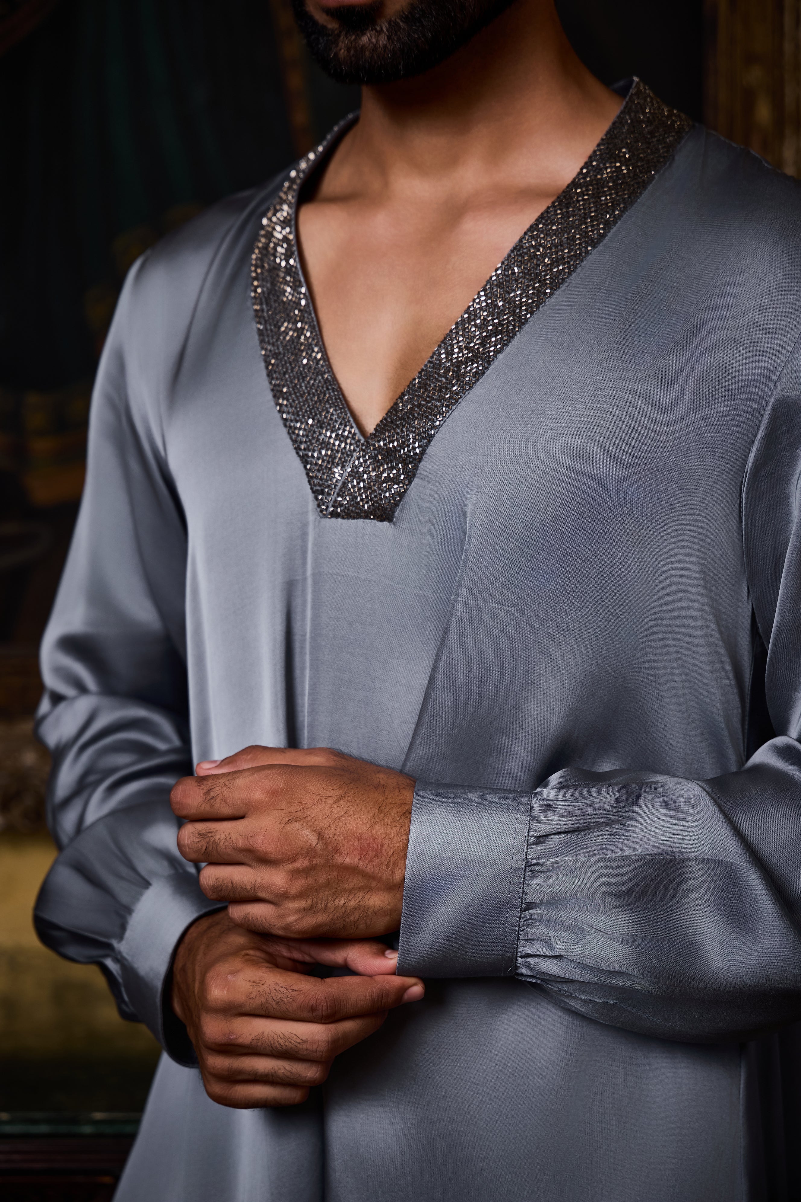 Grey Draped Kurta Farshi Pajama Set