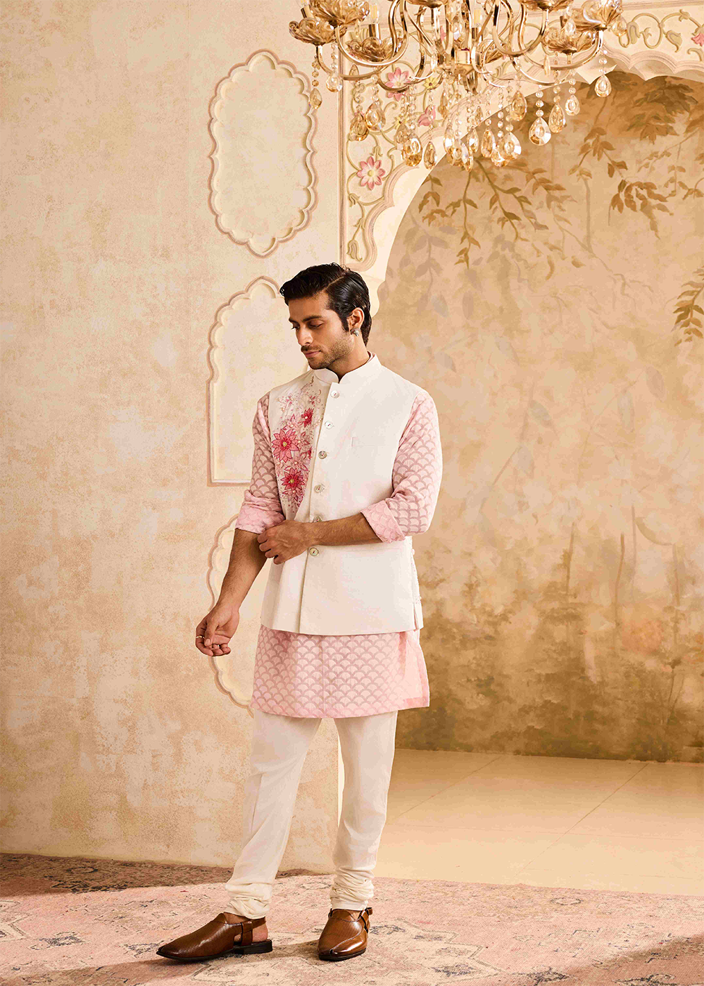 Ivory Floral Bundi Pink Kurta Churidar