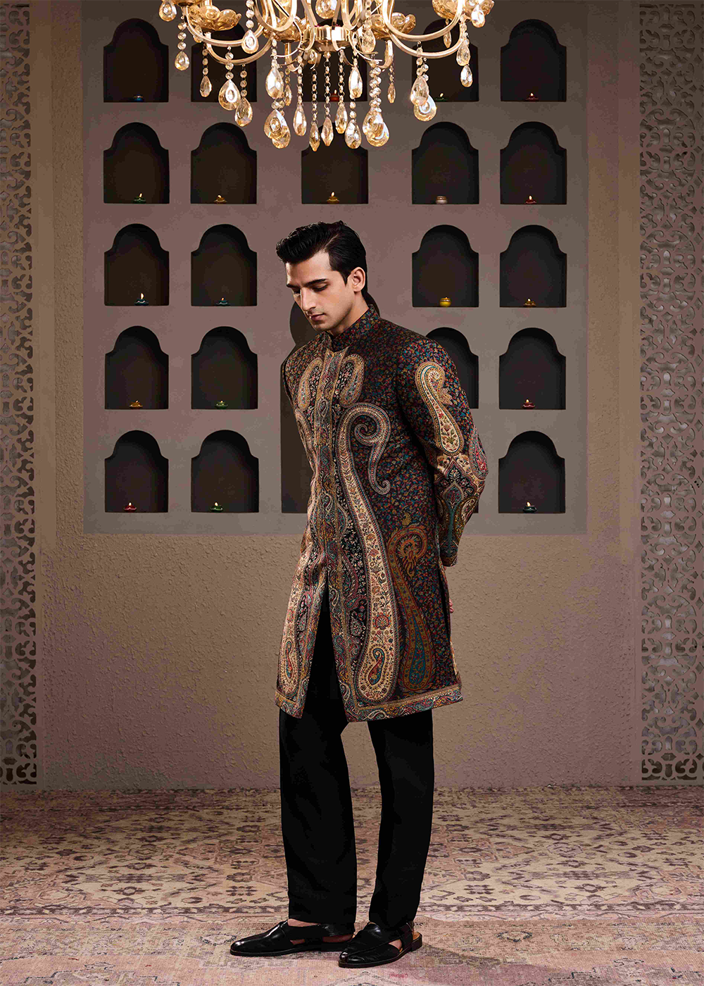 Jamawar Achkan Black Kurta Trouser