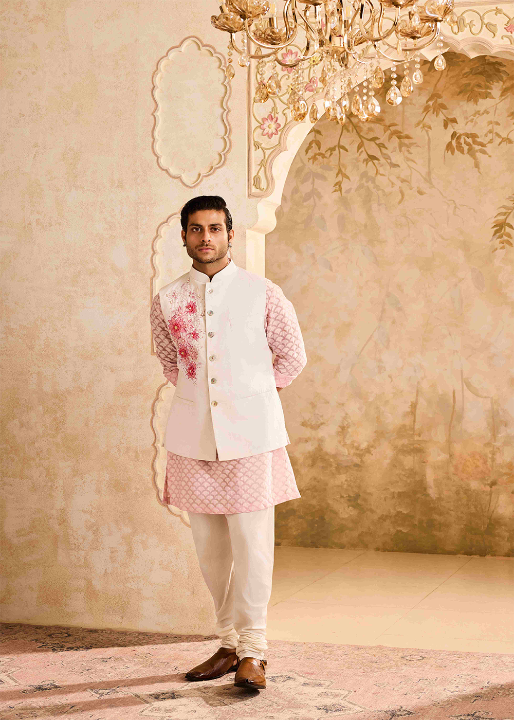Ivory Floral Bundi Pink Kurta Churidar