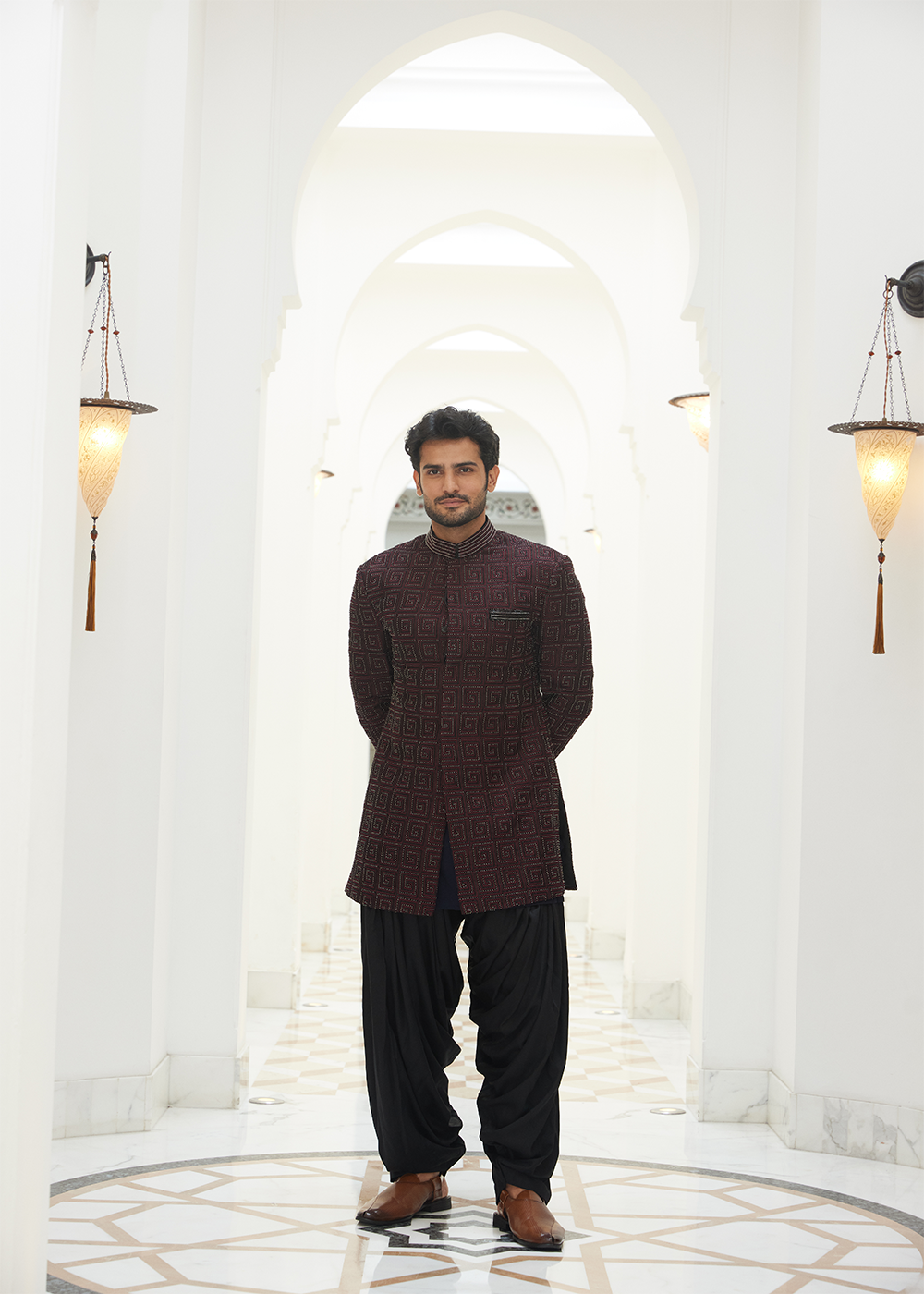Burgundy Raw Silk  EmbroideredShort Sherwani with Kurta and Salwar