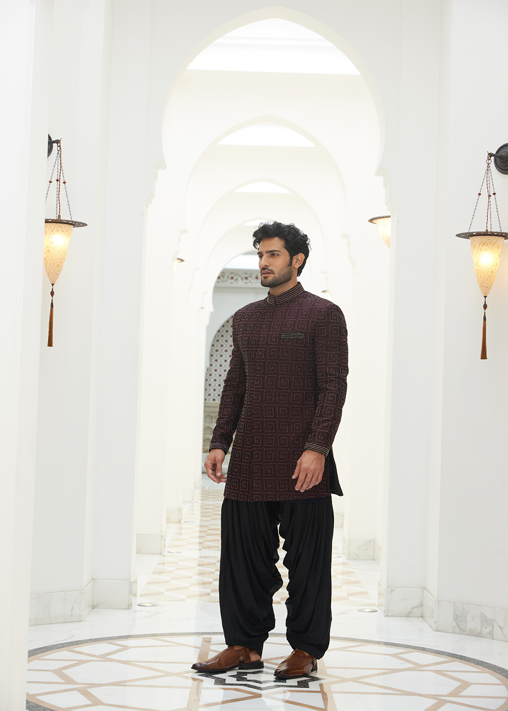 Burgundy Raw Silk  EmbroideredShort Sherwani with Kurta and Salwar