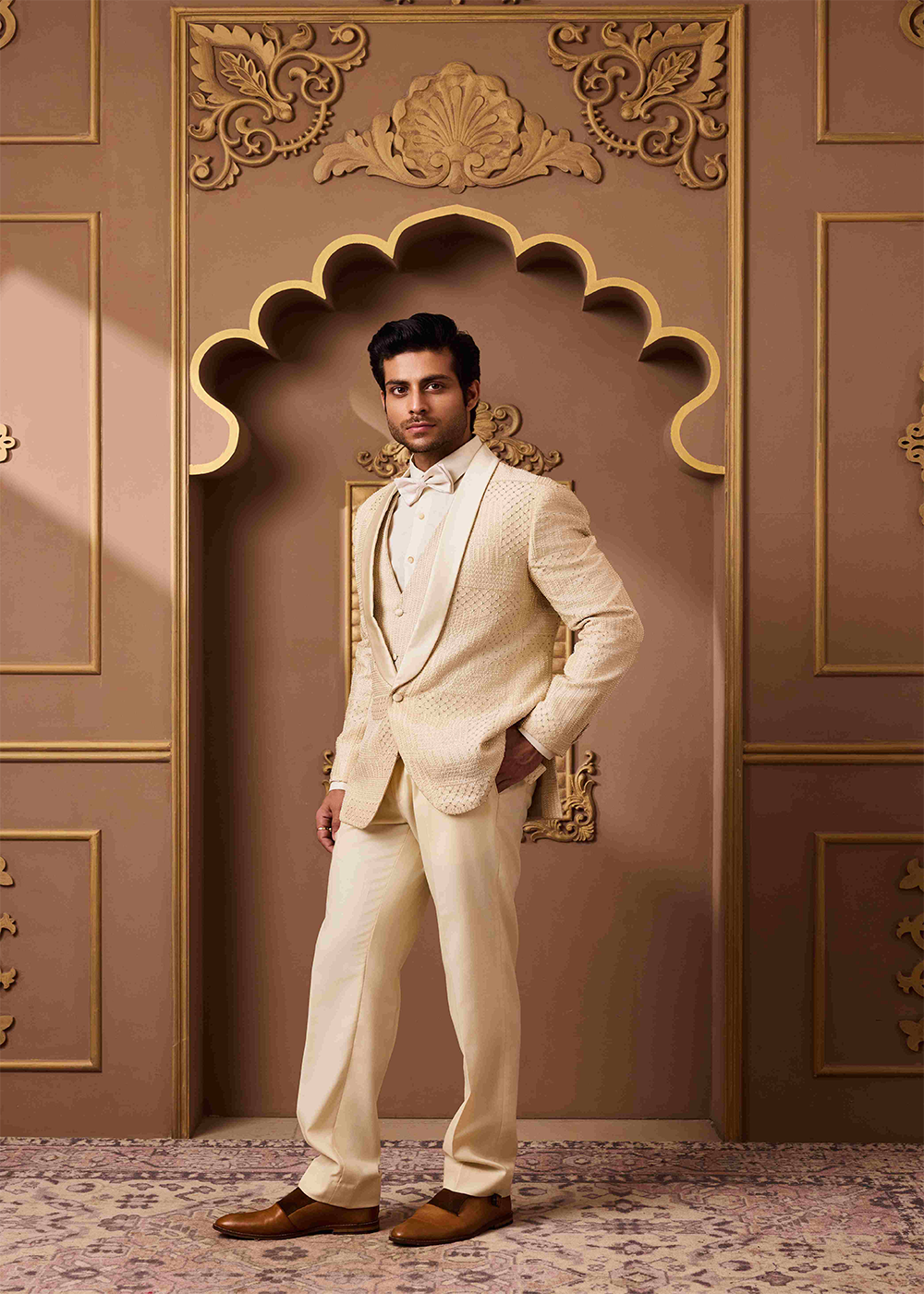 Beige Tuxedo Jacket, Waistcoat and Pant