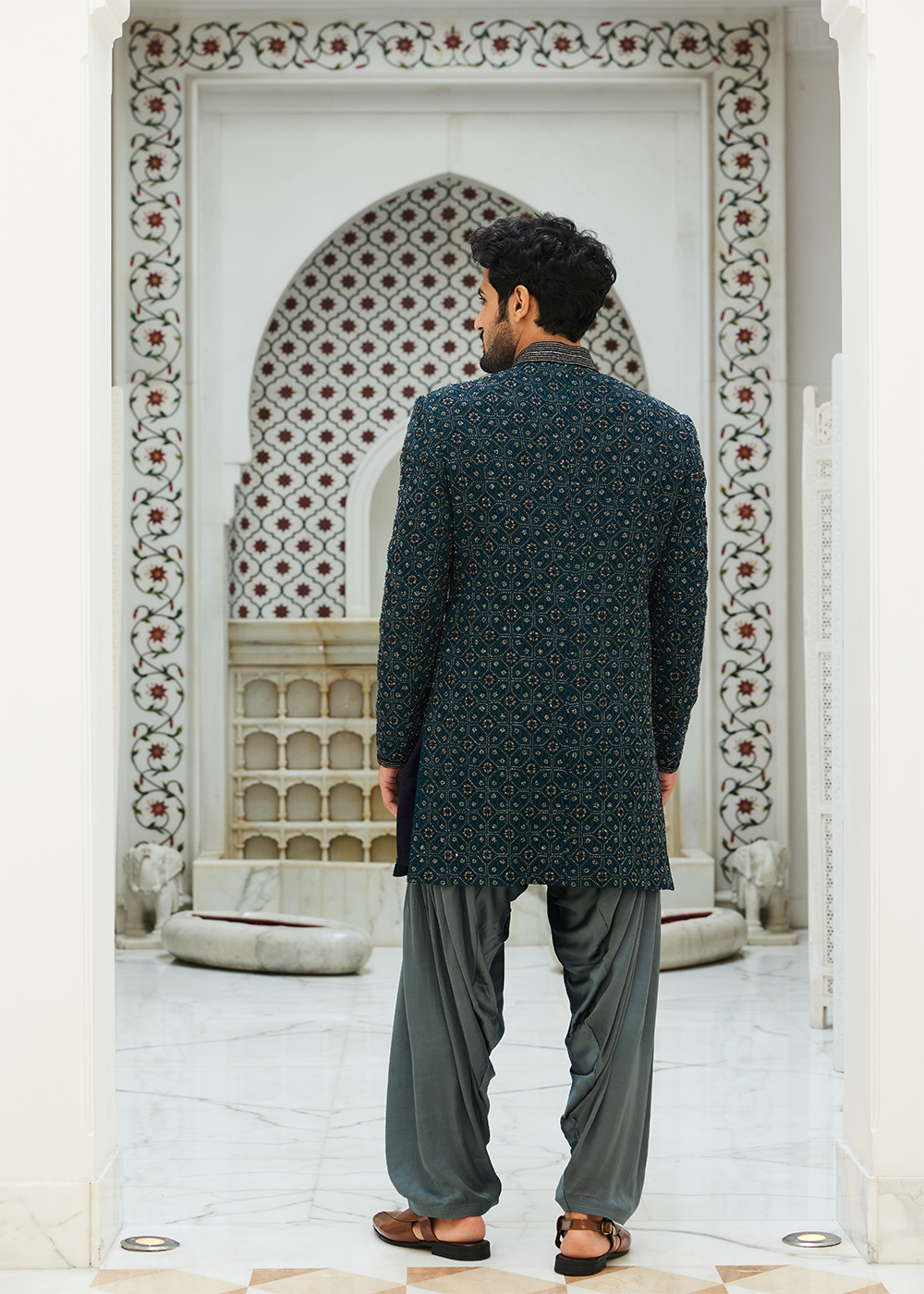 Teal Blue Raw Silk Short Sherwani with Gunmetal Grey Kurta & Salwar