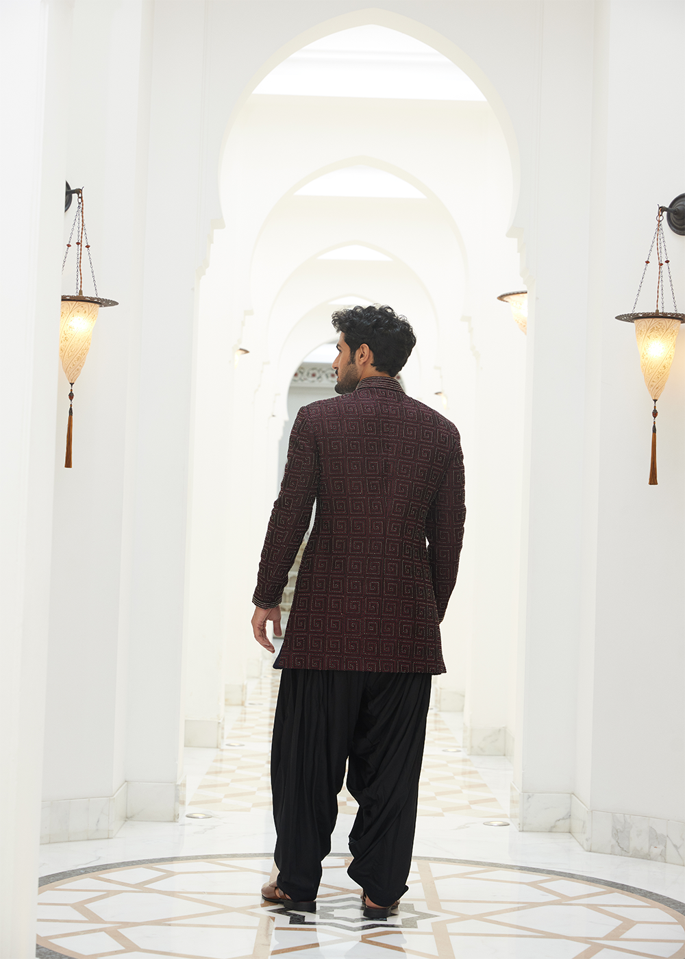 Burgundy Raw Silk  EmbroideredShort Sherwani with Kurta and Salwar
